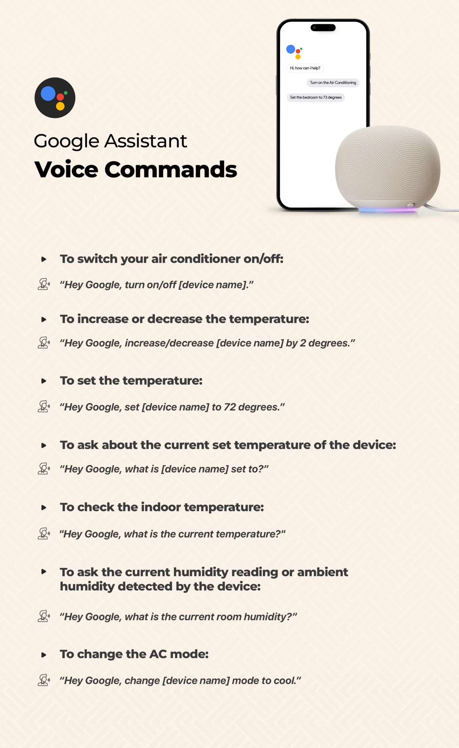 Google assistant voice commands for controlling AC