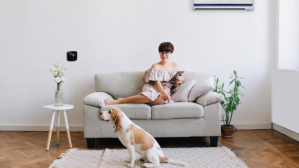 Lady sitting on a couch, Cielo breez is mounted on the wall