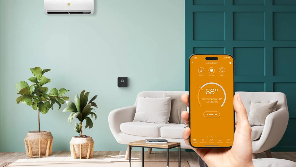 Cielo breez max installed in a room. A person using cielo home app. 