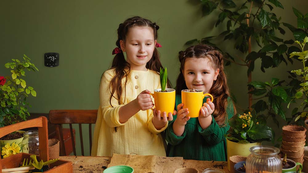 2 girls planting small plants in mugs