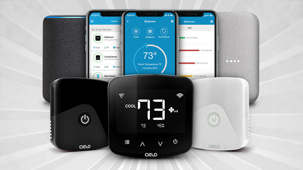 Cielo Breez smart AC controllers with Cielo home app in the background