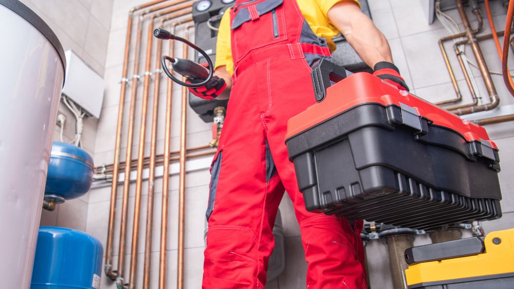 HVAC technician with toolbox ready to fix furnace problems