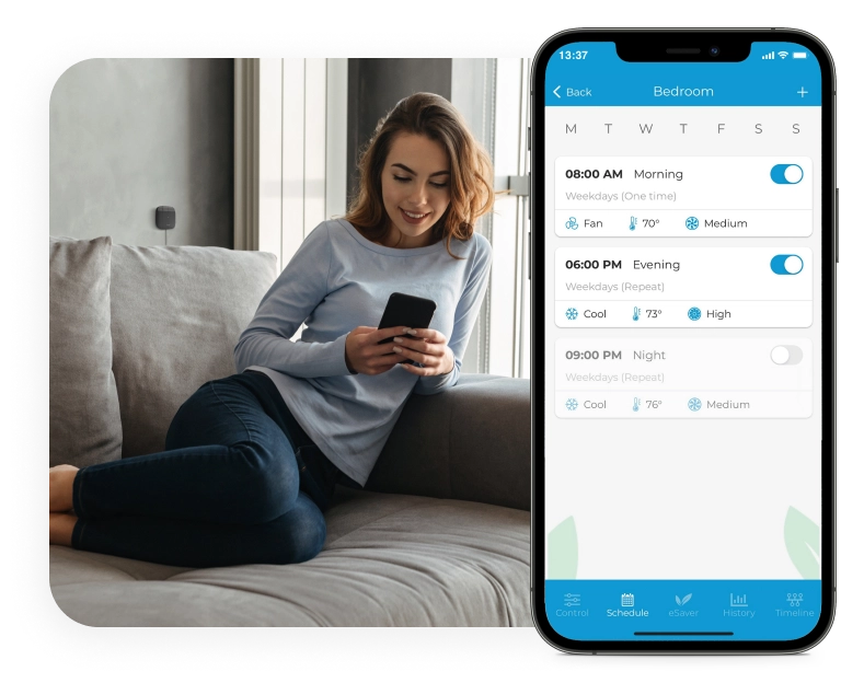Woman using weekly scheduling on cielo home app