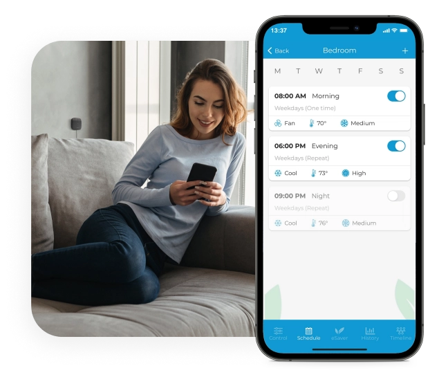 Woman using weekly scheduling on cielo home app