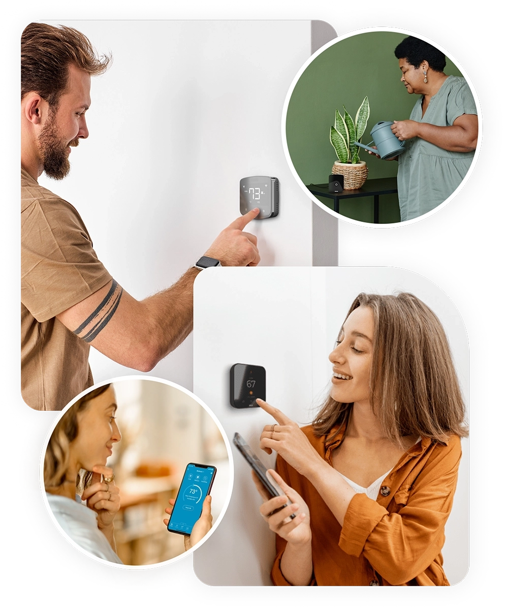 A collage of different scenarios where people are using Cielo smart products to manage their home climate
