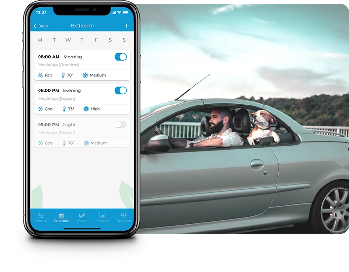 Weekly schedules on cielo home app, man and dog in car driving