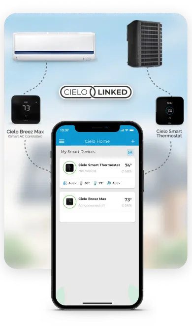 Cielo linked connecting central HVAC system (paired with Cielo Smart Thermostat) with mini-split (paired with Cielo Breex Max)