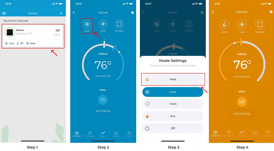 Cielo Home app control screen. Changing mode from cool to heat