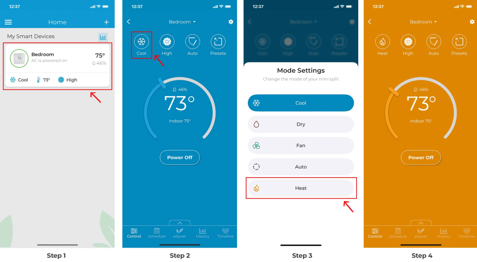 Cielo Home app control screen. Changing mode from cool to heat