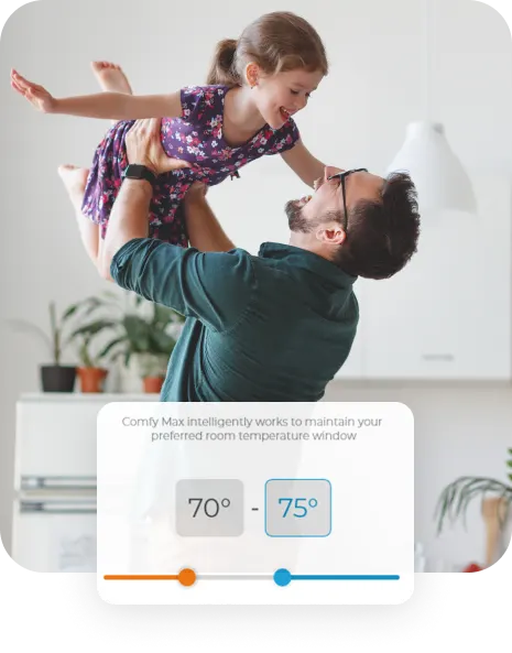 Girl playing with her dad. Comfy max screen on Cielo home app can be seen in the front.