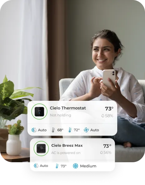 Girl using Cielo Home app to manage her home temperature. Cielo app screen shown on the front.