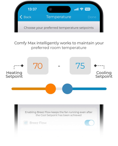 Comfy max screen on Cielo Home app highlighting room temperature limits