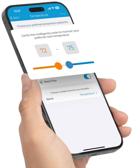 Cielo Home app comfy max screen on a phone in a woman's hand