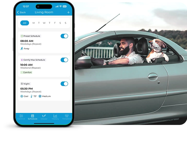 Weekly schedules on cielo home app, man and dog in car driving