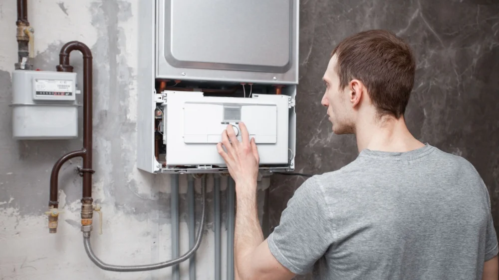 man inspecting boiler for maintenance