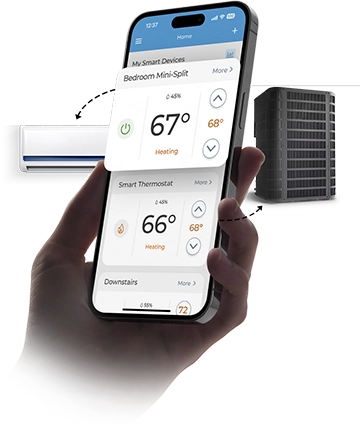 A person using Cielo Home app to manage their central hvac system and room mini-split