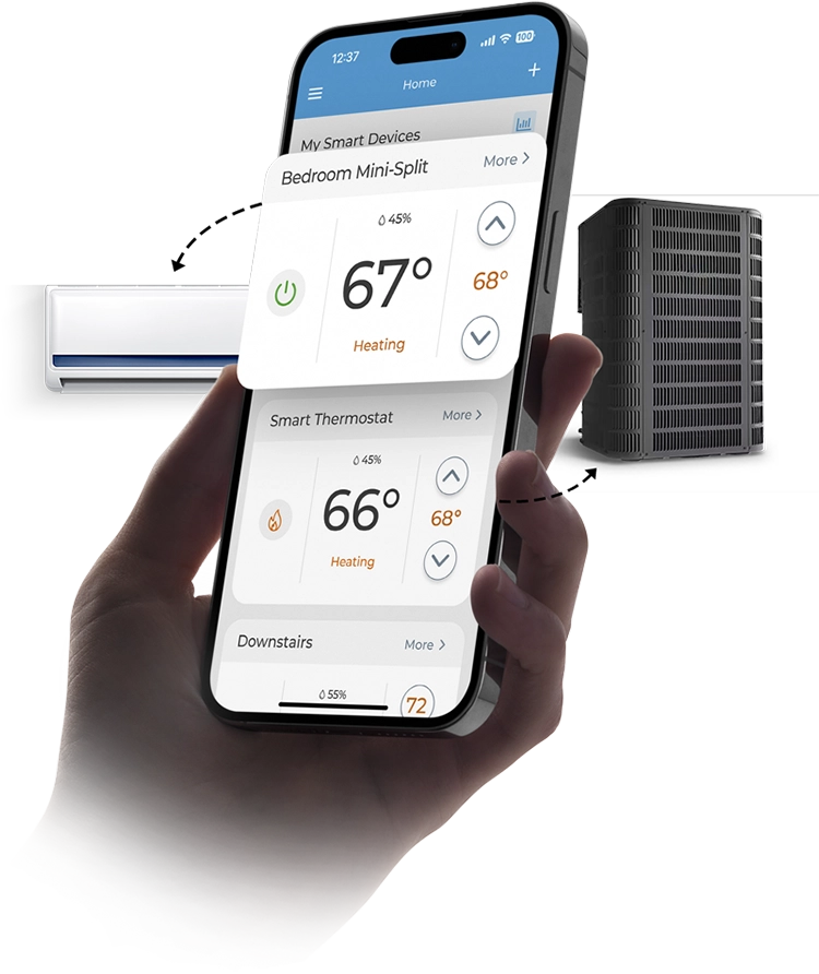A person using Cielo Home app to manage their central hvac system and room mini-split