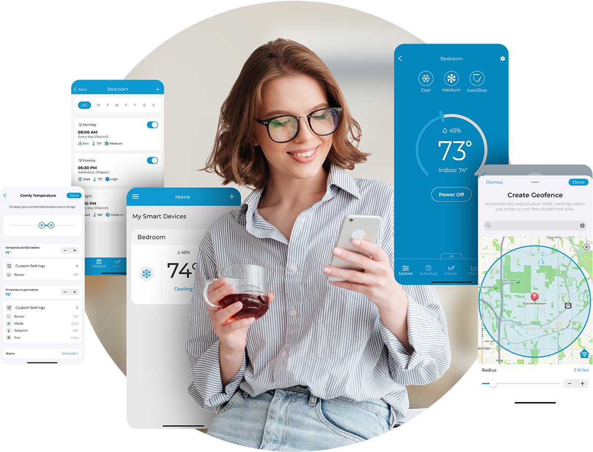 A woman using Cielo Home app to control her home climate. Multiple Cielo home app screens are displayed.