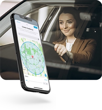 Cielo home app screen showing geofencing feature. Woman driving back home.