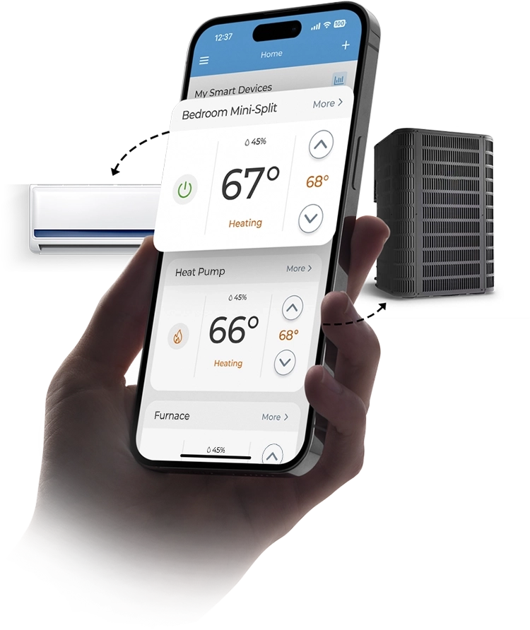 A person using Cielo Home app to manage their central hvac system and room mini-split