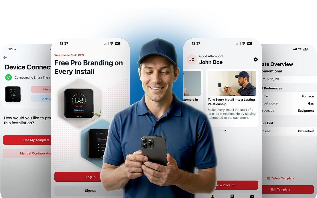 An HVAC Pro using Cielo PRO app to install a Cielo smart thermostat. Cielo PRO app screens can be seen in the background