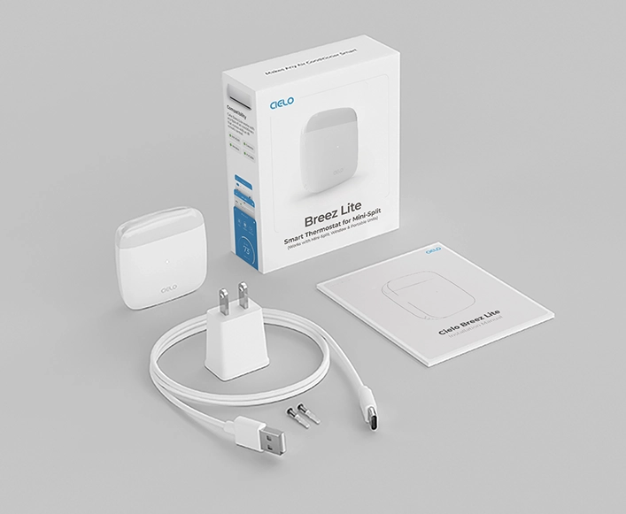 breez lite box contains device, usb adapter, usb cable, wall mounting kit and manual