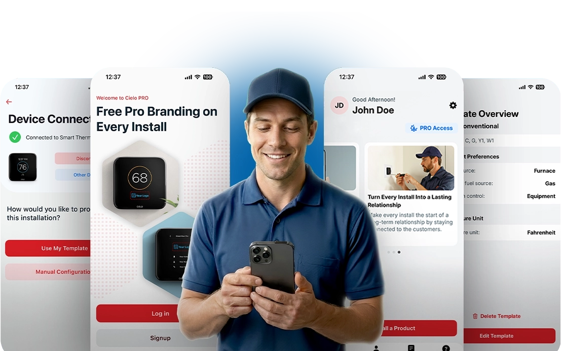 An HVAC Pro using Cielo PRO app to install a Cielo smart thermostat. Cielo PRO app screens can be seen in the background