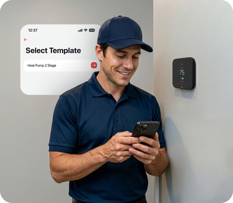 An HVAC pro installing cielo smart thermostat using AI-generated HVAC configuration template