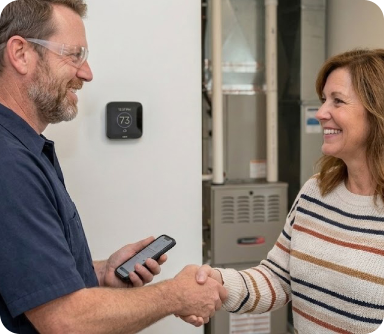 HVAC pro shaking hands with a customer. Cielo smart thermostat can be seen in the background.