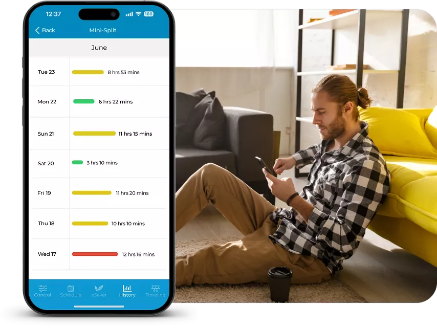 A man checking his AC usage insights using Cielo Home app