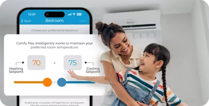 Comfy Max screen in cielo home app. Sisters enjoying a comfortable room temperature.