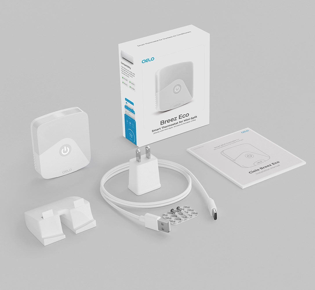 breez eco box contains device, usb adapter, usb cable, wall mounting kit and manual