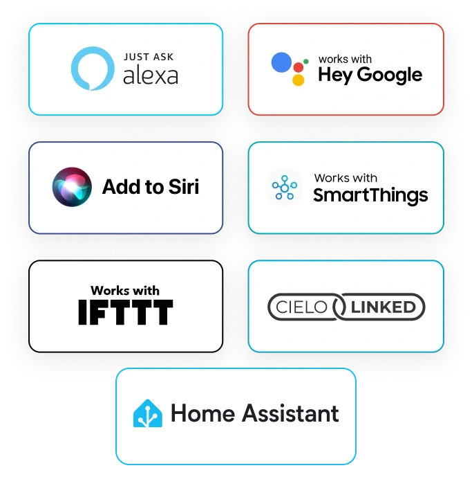 Cielo smart thermostats work with Amazon Alexa, Google Assistant, Siri Shortcuts, SmartThings, IFTTT, and Home Assistant.