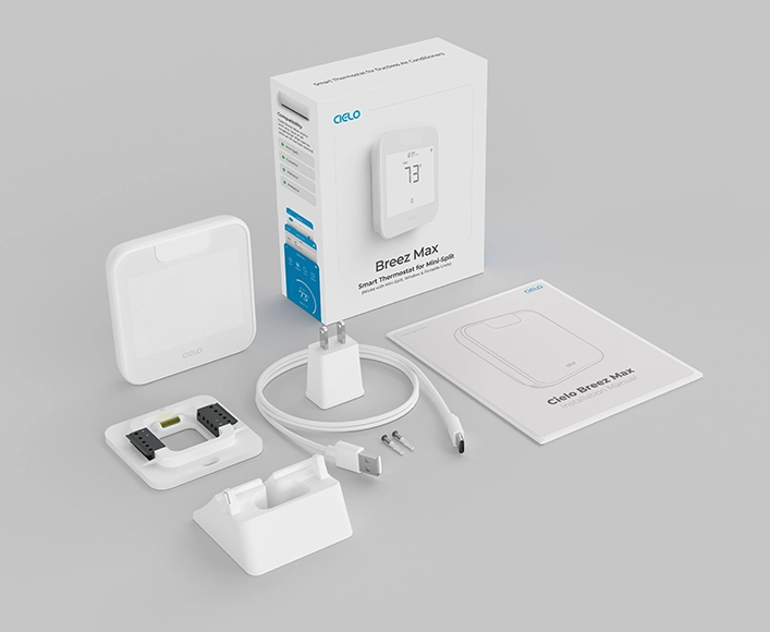 breez max box contains device, usb adapter, usb cable, wall mounting kit and manual